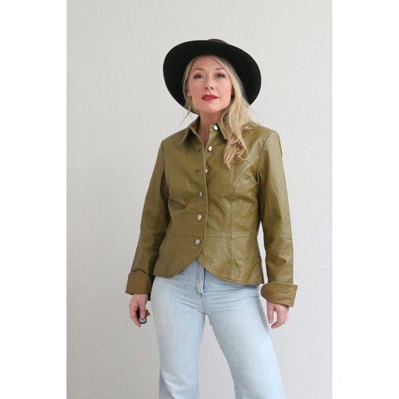 2000's Y2K Peplum Leather Jacket // Women's Size Small to Medium // Pea Green - Picture 3 of 10